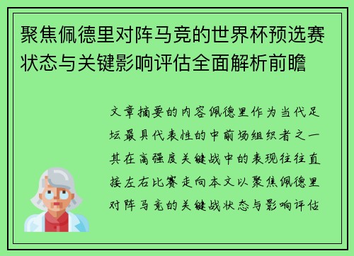 聚焦佩德里对阵马竞的世界杯预选赛状态与关键影响评估全面解析前瞻 聚焦佩德里对阵马竞的世界杯预选赛状态与关键影响评估全面解析前瞻
