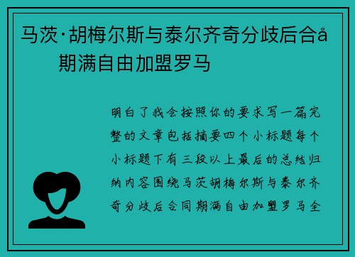 马茨·胡梅尔斯与泰尔齐奇分歧后合同期满自由加盟罗马 马茨·胡梅尔斯与泰尔齐奇分歧后合同期满自由加盟罗马